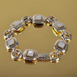 Monet Silver Gold Two-Tone White Moonstone Chain Link Bracelet 7.5"